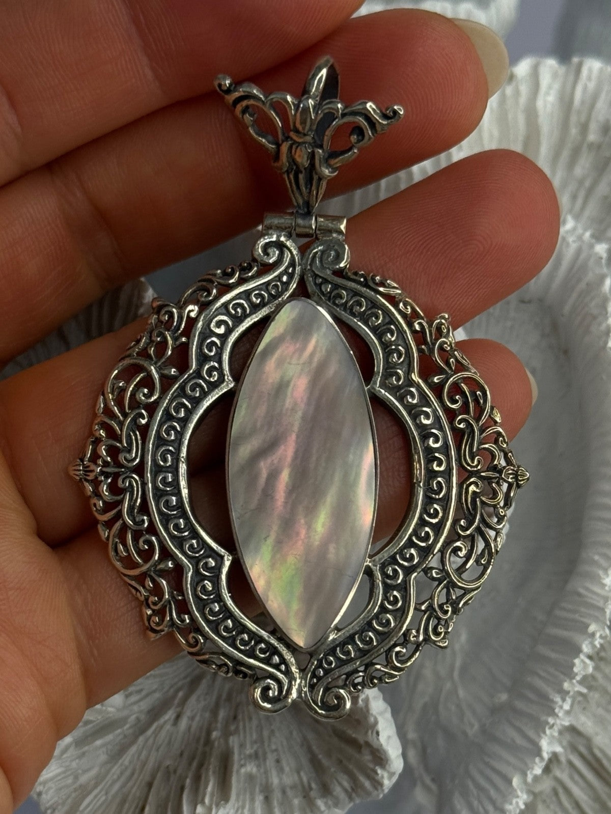 Vintage 925 Sterling Silver Abalone Pendant Length 2.60 Inch