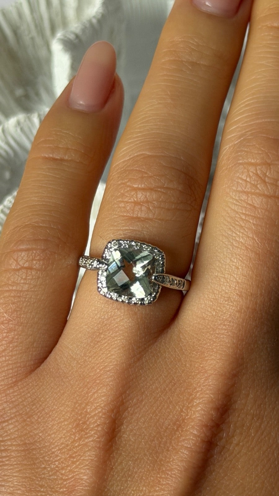 14K 585 White Gold Prasiolite Green Amethyst & Diamond Ring Size 6