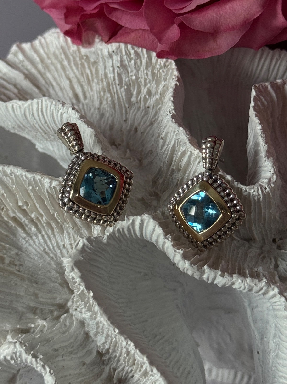 14K Yellow Gold & 925 Sterling Silver Blue Topaz Earrings