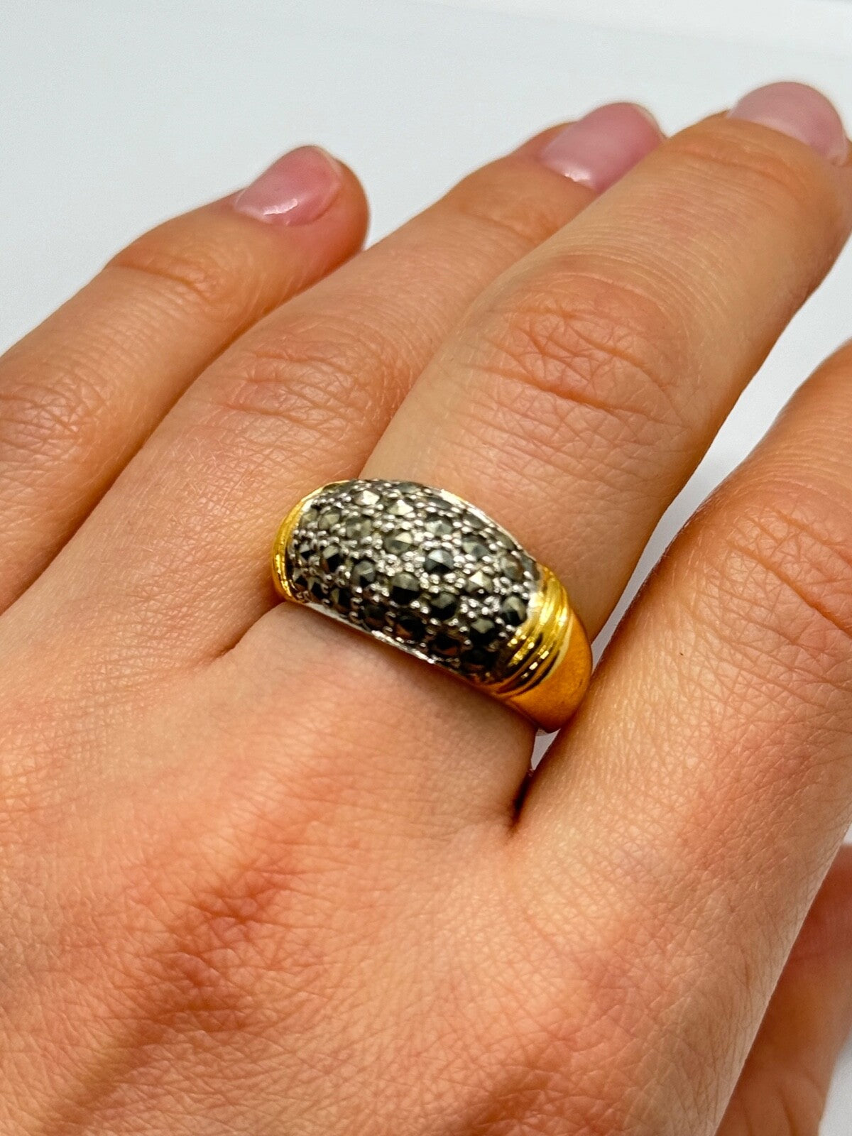 925 Sterling Silver Gold Plated Marcasite Ring Size 8