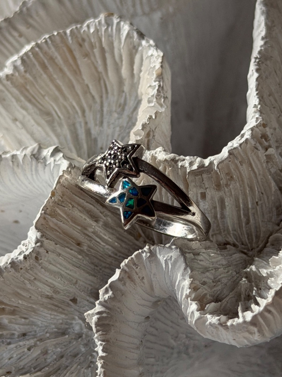 925 Sterling Silver White Topaz & Opal Stars Ring Size 8