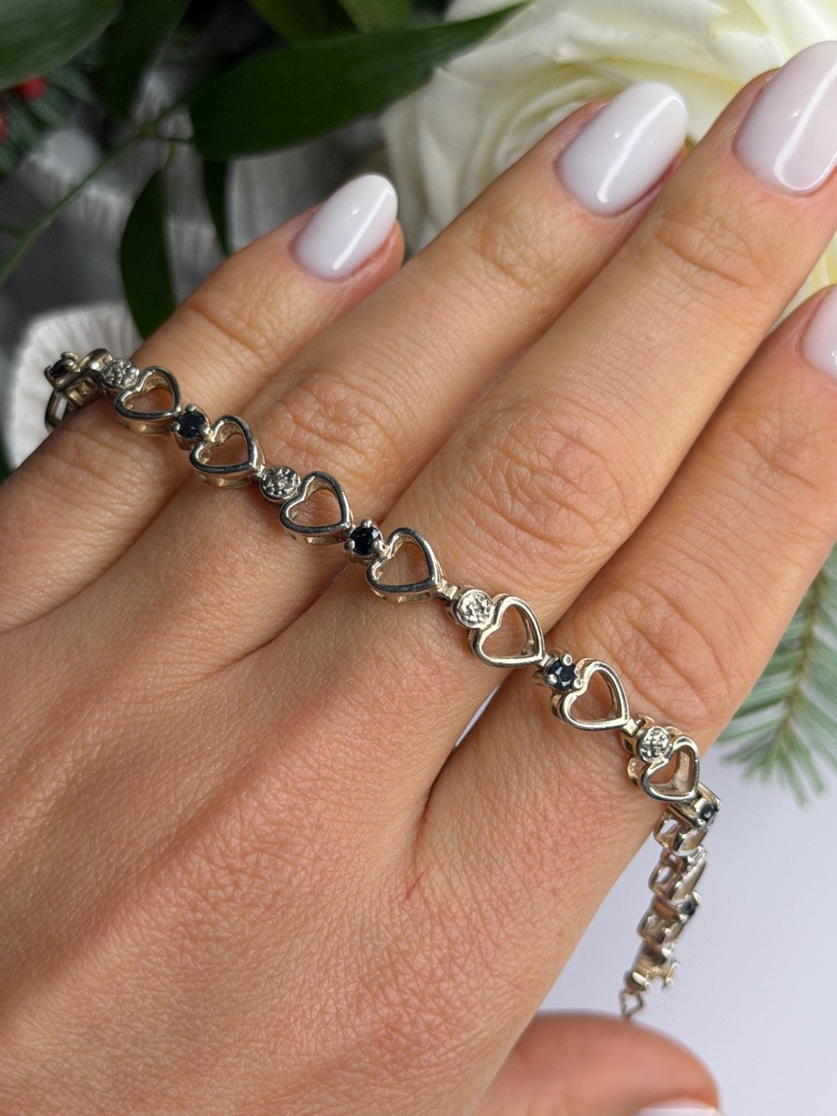 925 Sterling Silver Sapphire Heart Bracelet Size 7.5