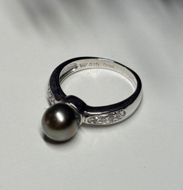 925 Sterling Silver Pearl & Beryl Ring Size 5.5