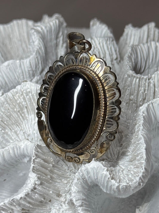 Vintage 925 Sterling Silver Black Onyx Pendant Length 2 Inch