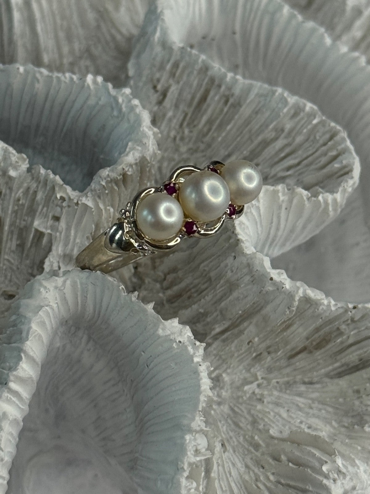 925 Sterling Silver Pearl & Ruby Ring Size 8