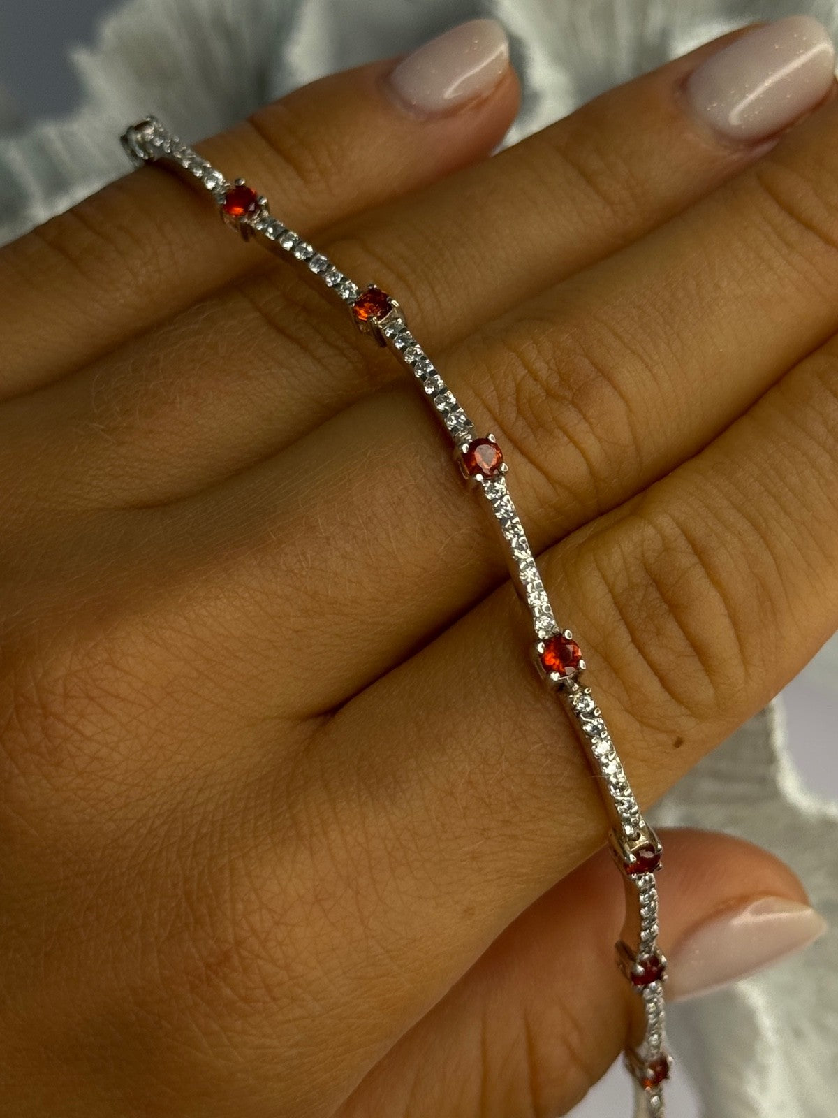 925 Sterling Silver Red Spinel & Beryl Bracelet Length 7.5