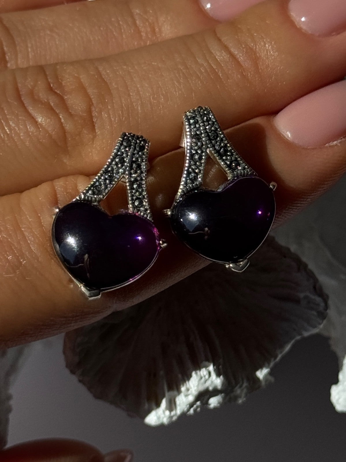 925 Sterling Silver Amethyst Heart & Marcasite Earrings Length 0.90 Inch
