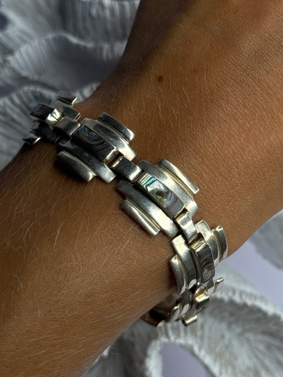 Vintage 925 Sterling Silver Abalone Bracelet Length 7