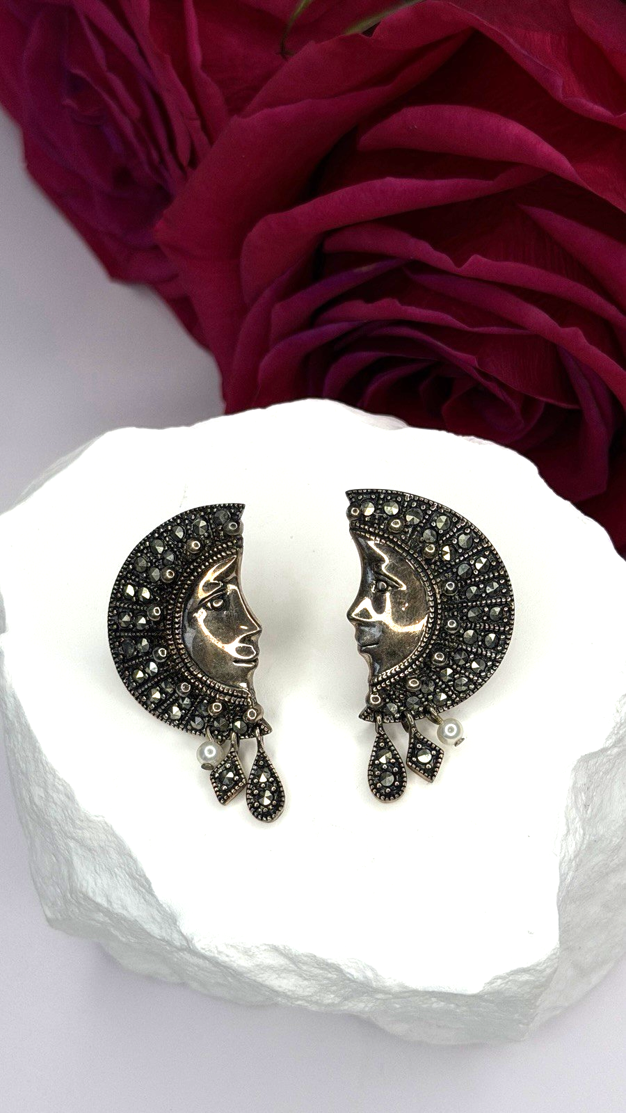 Half Moon Face Design 925 Sterling Silver Marcasite Stones Earrings