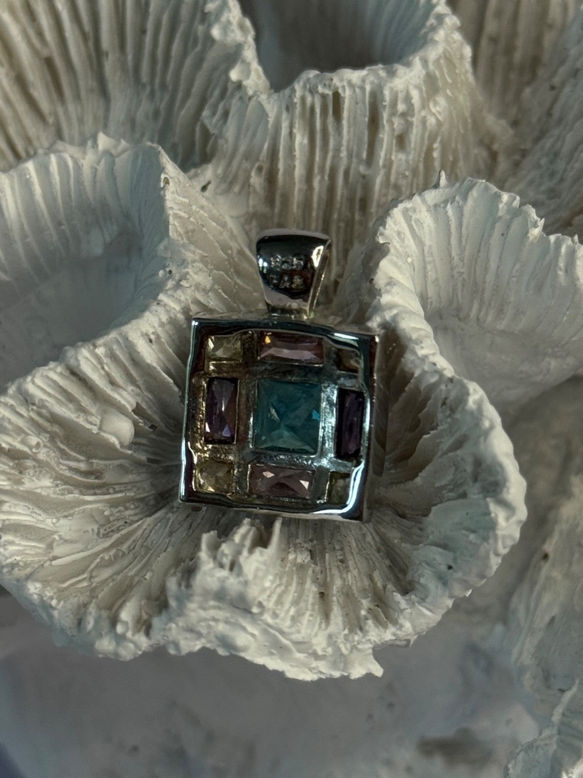 Fas 925 Sterling Silver Multi Color Tourmaline Pendant Length 0.90 Inch