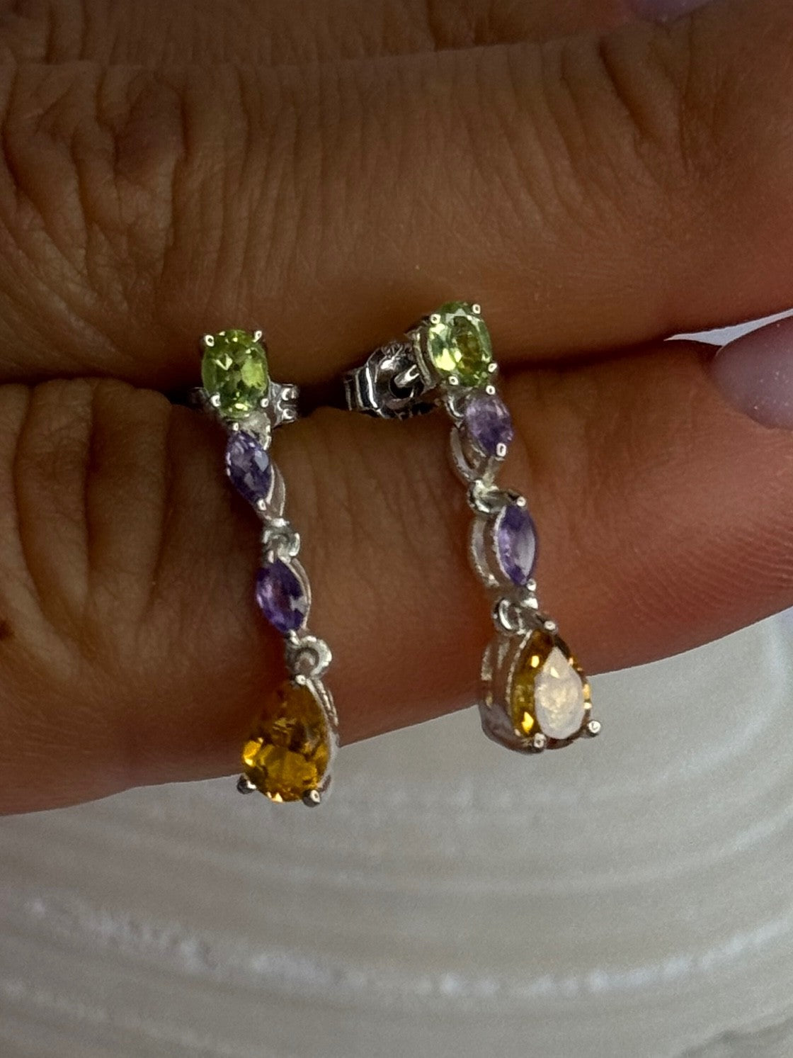 925 Sterling Silver Peridot & Amethyst & Citrine Earrings Length 0.90 Inch