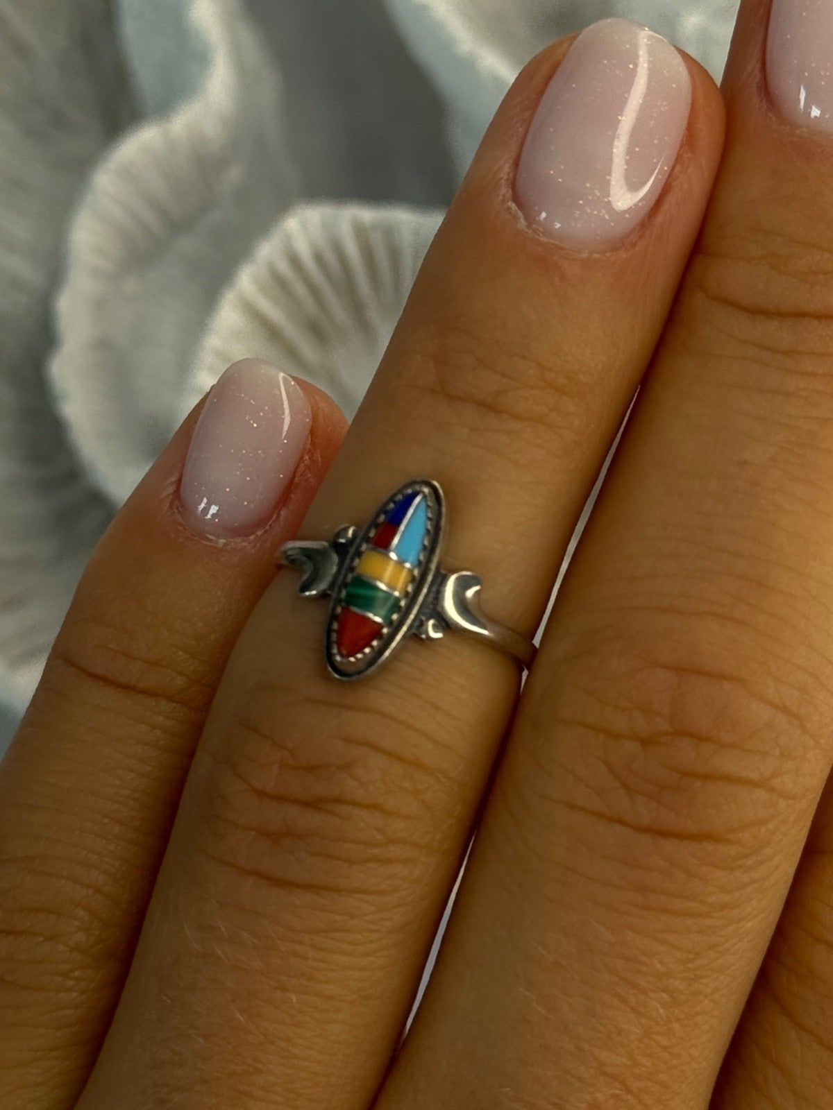 Colorful Native American 925 Sterling Silver Multi Gemstone Ring Size 5