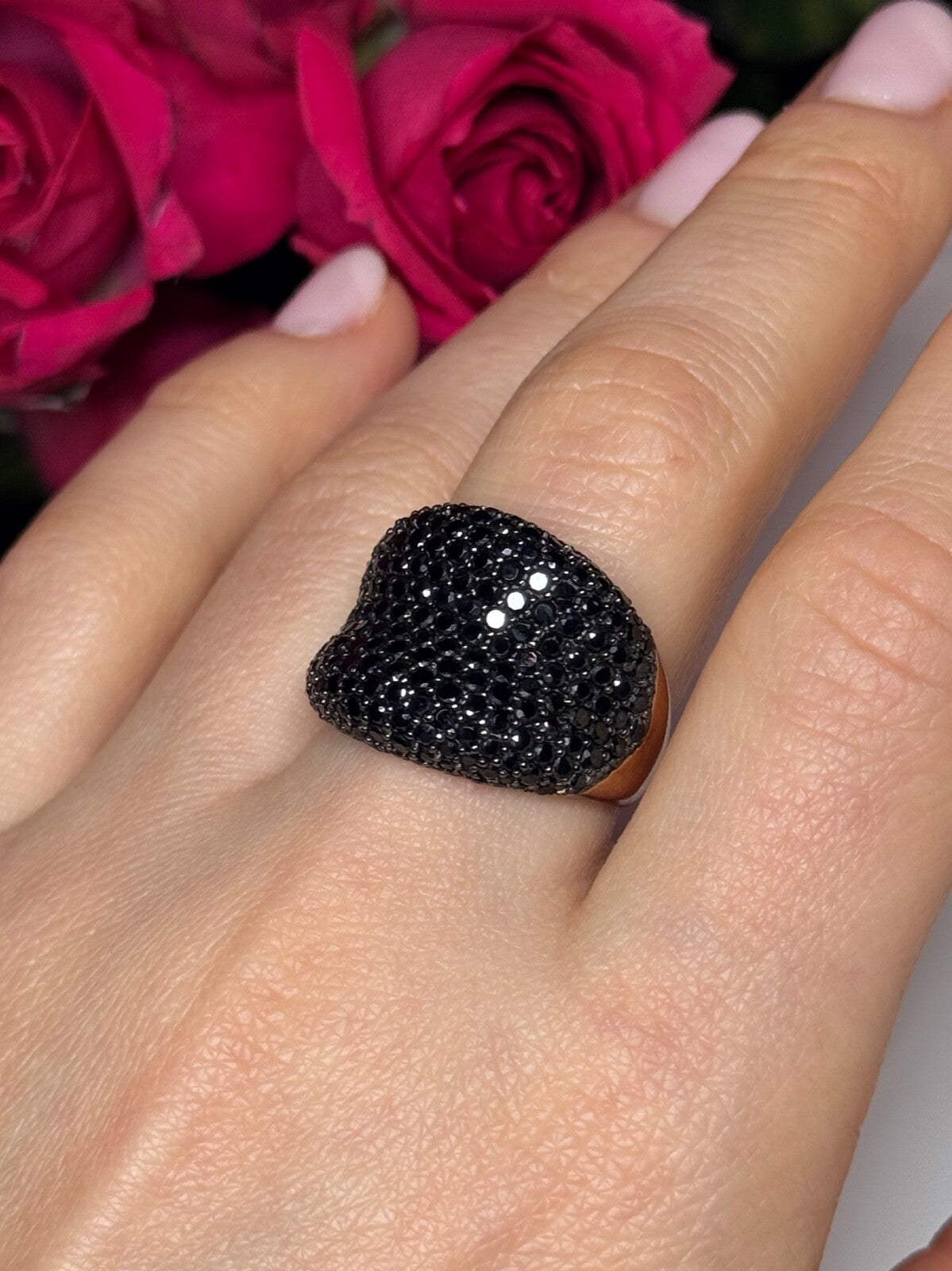 925 Sterling Silver Gold Plated Black Spinel Ring Size 8.5