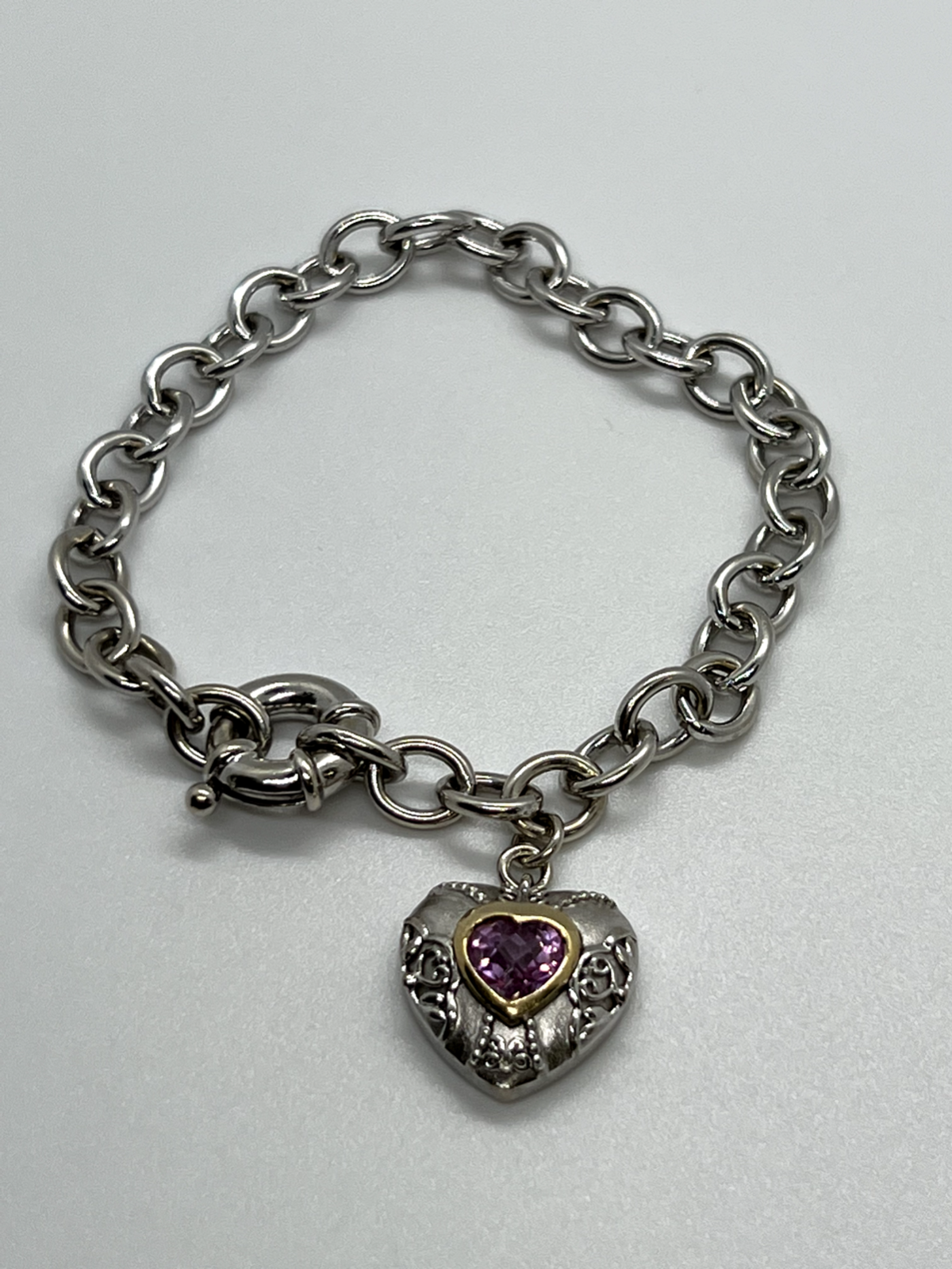 925 Sterling Silver Pink Topaz Heart Bracelet