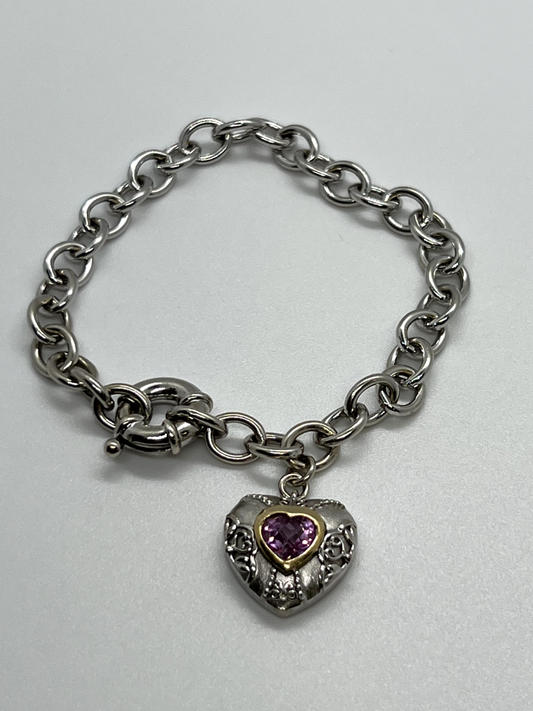 925 Sterling Silver Pink Topaz Heart Bracelet