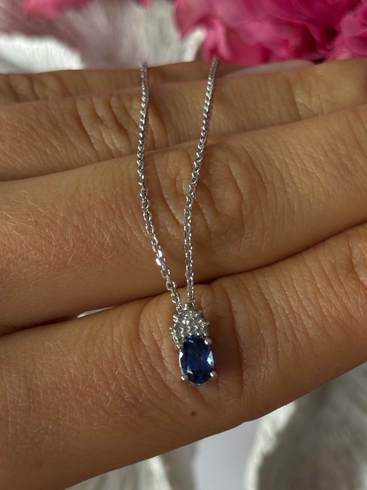 14K White Gold Chain & 10K White Gold Pendant Sapphire & Diamond