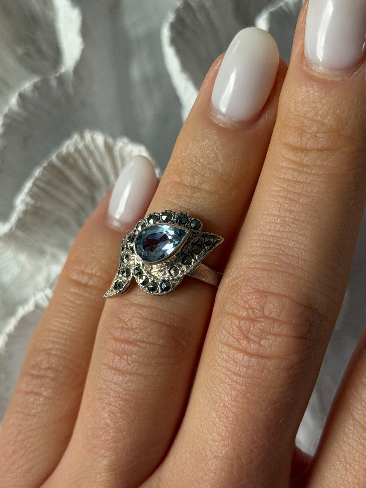 925 Sterling Silver Blue Topaz & Marcasite Ring Size 4