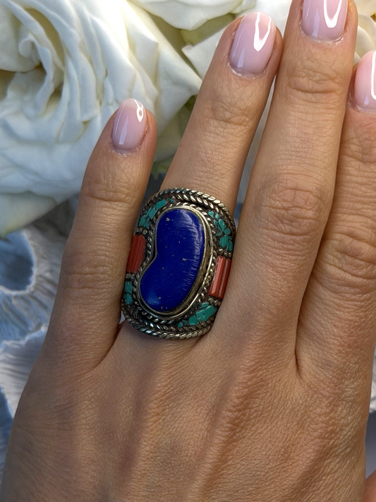 Vintage 925 Sterling Silver Lapis Lazuli Turquoise Coral Ring Size 7.5