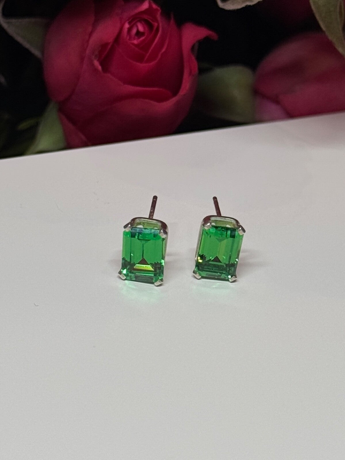 925 Sterling Silver Green Peridot Earrings Length 8 Mm