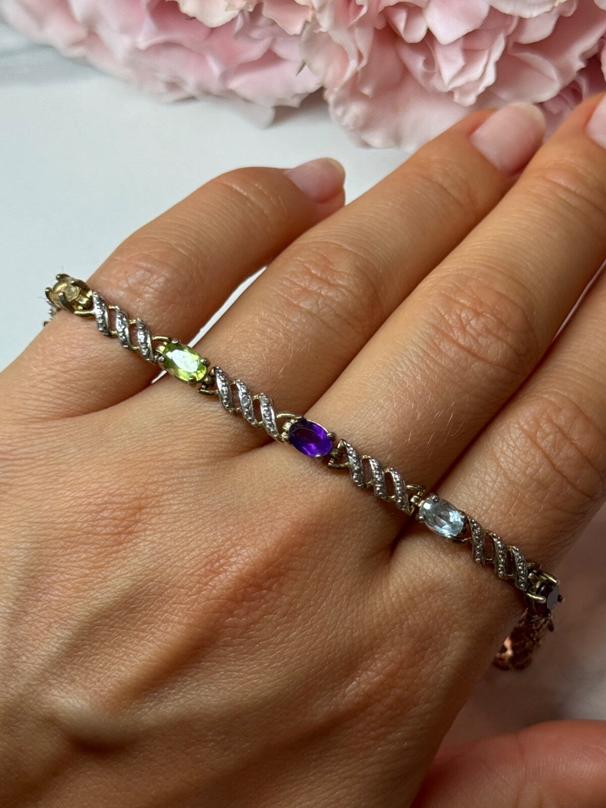 925 Sterling Silver Amethyst Topaz Garnet Citrine Peridot Bracelet Length 7.5