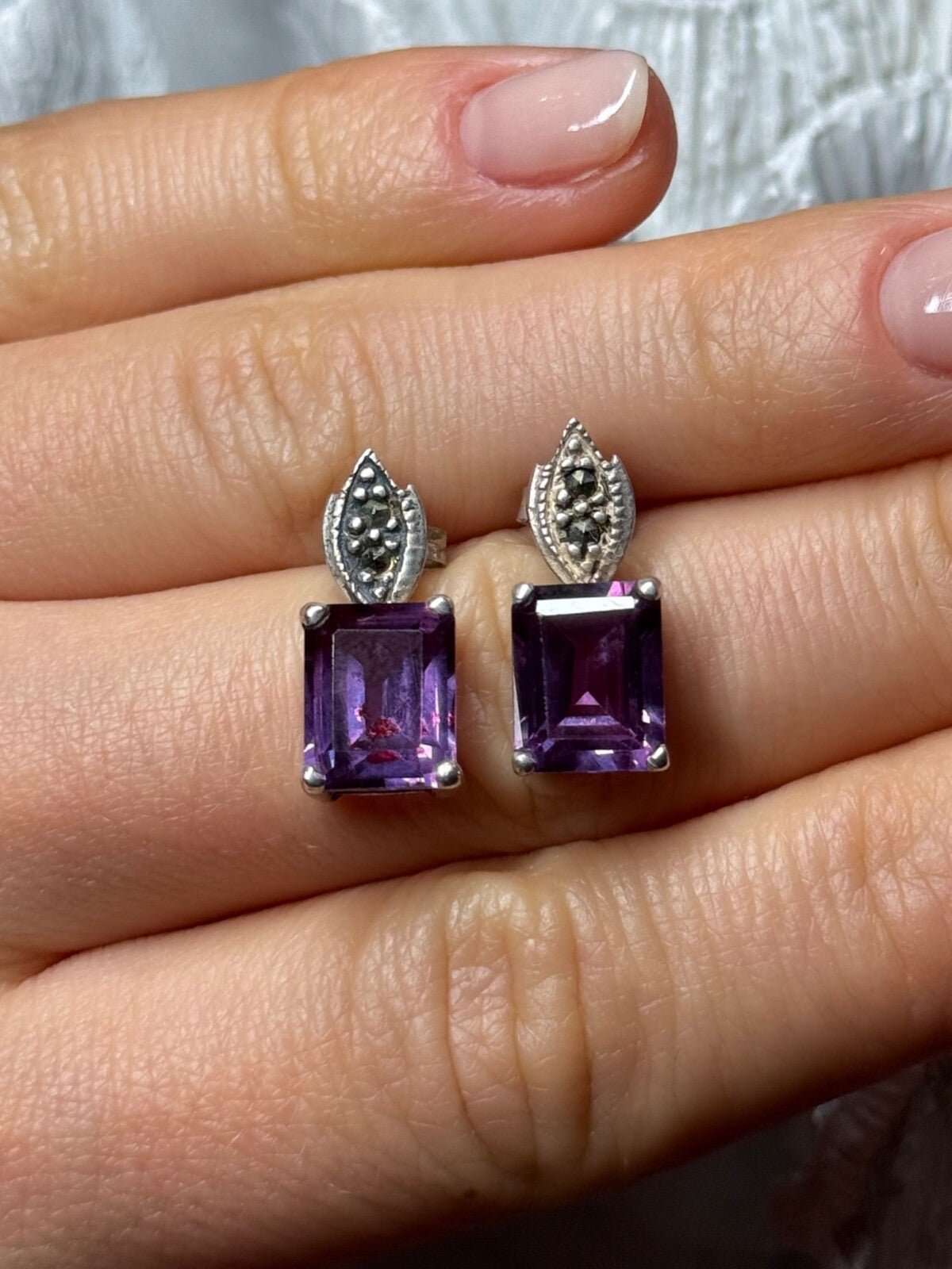 925 Sterling Silver Tourmaline & Marcasite Earrings Length 0.7 Inch