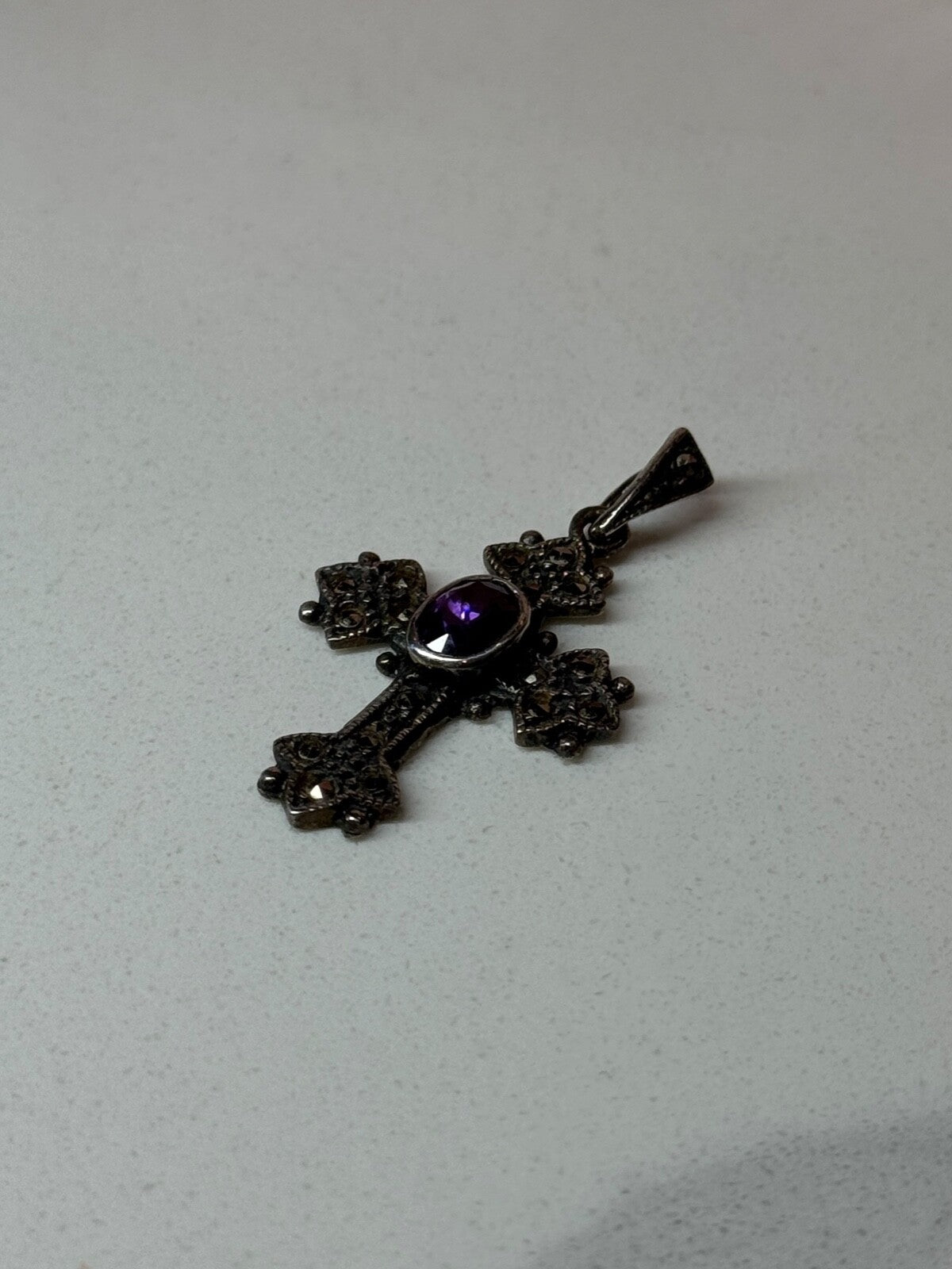 925 Sterling Silver Amethyst & Marcasite Cross Length 1.3 In