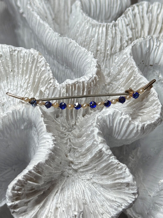 10K Yellow Gold Sapphire & Pearls Brooch Length 2 Inch