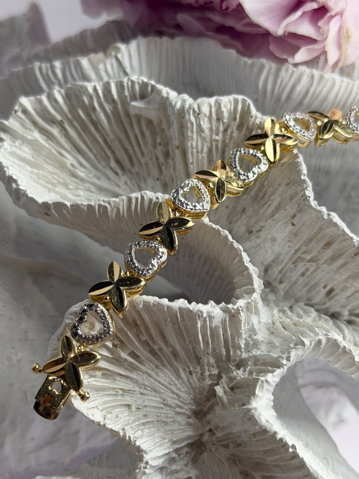 925 Sterling Silver Gold Plated Heart Bracelet Length 7.5