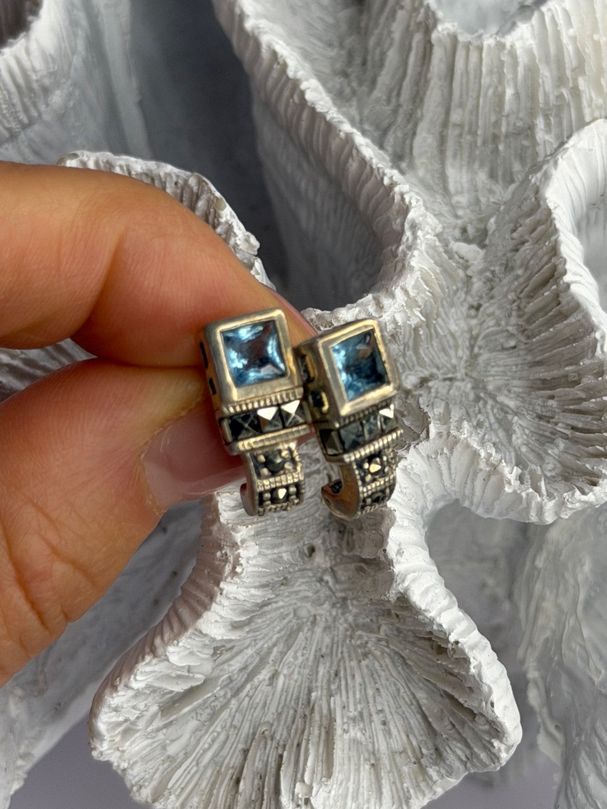 Vintage 925 Sterling Silver Blue Topaz & Marcasite Earrings