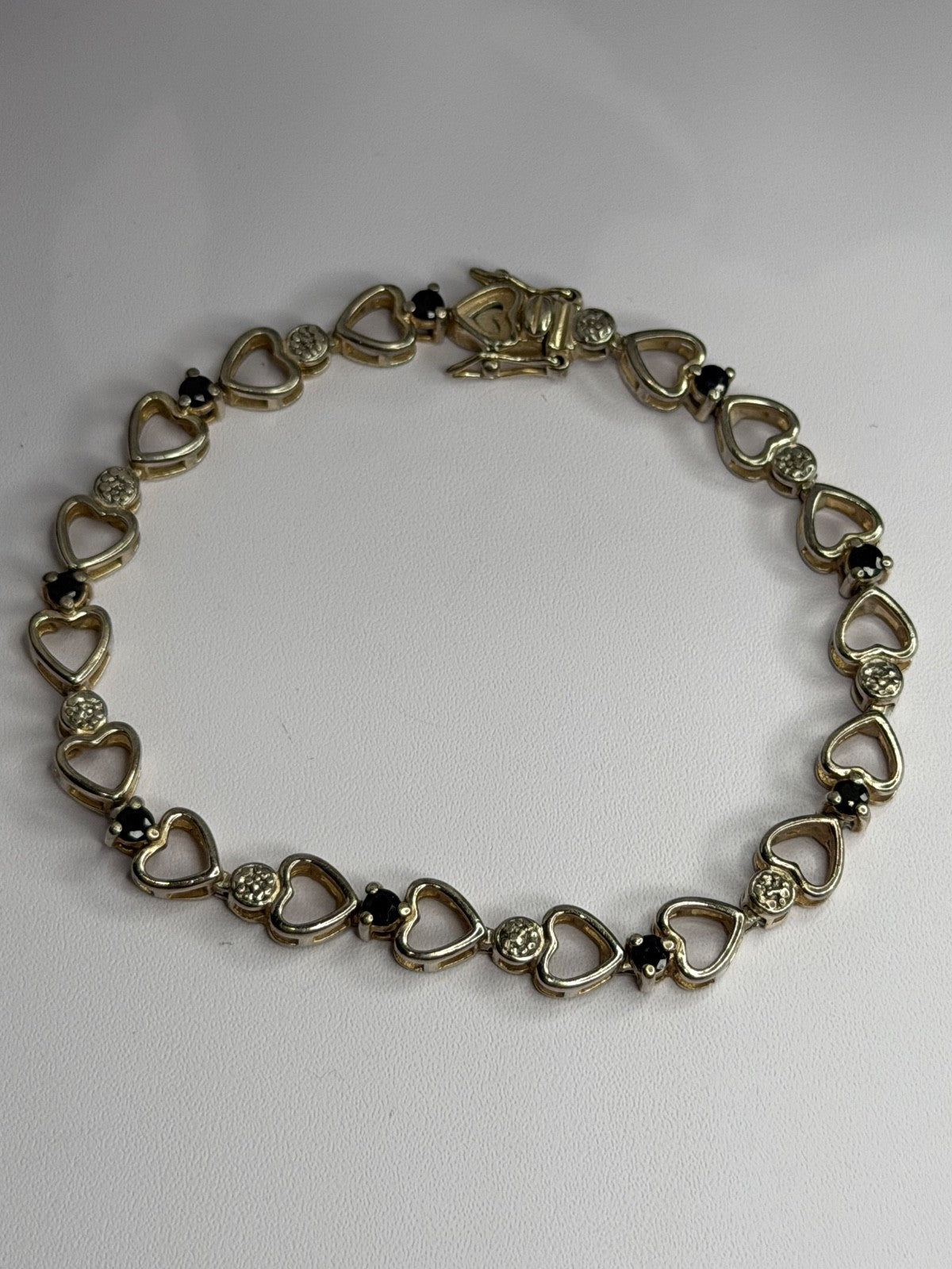 925 Sterling Silver Sapphire Heart Bracelet Size 7.5