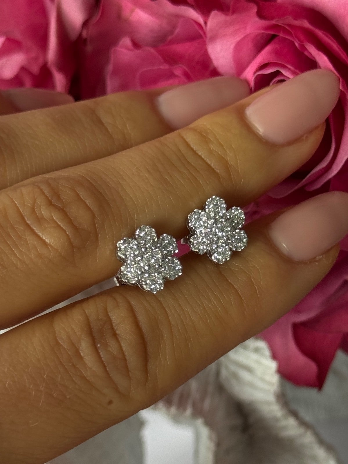 14K White Gold Diamond Flower Earrings
