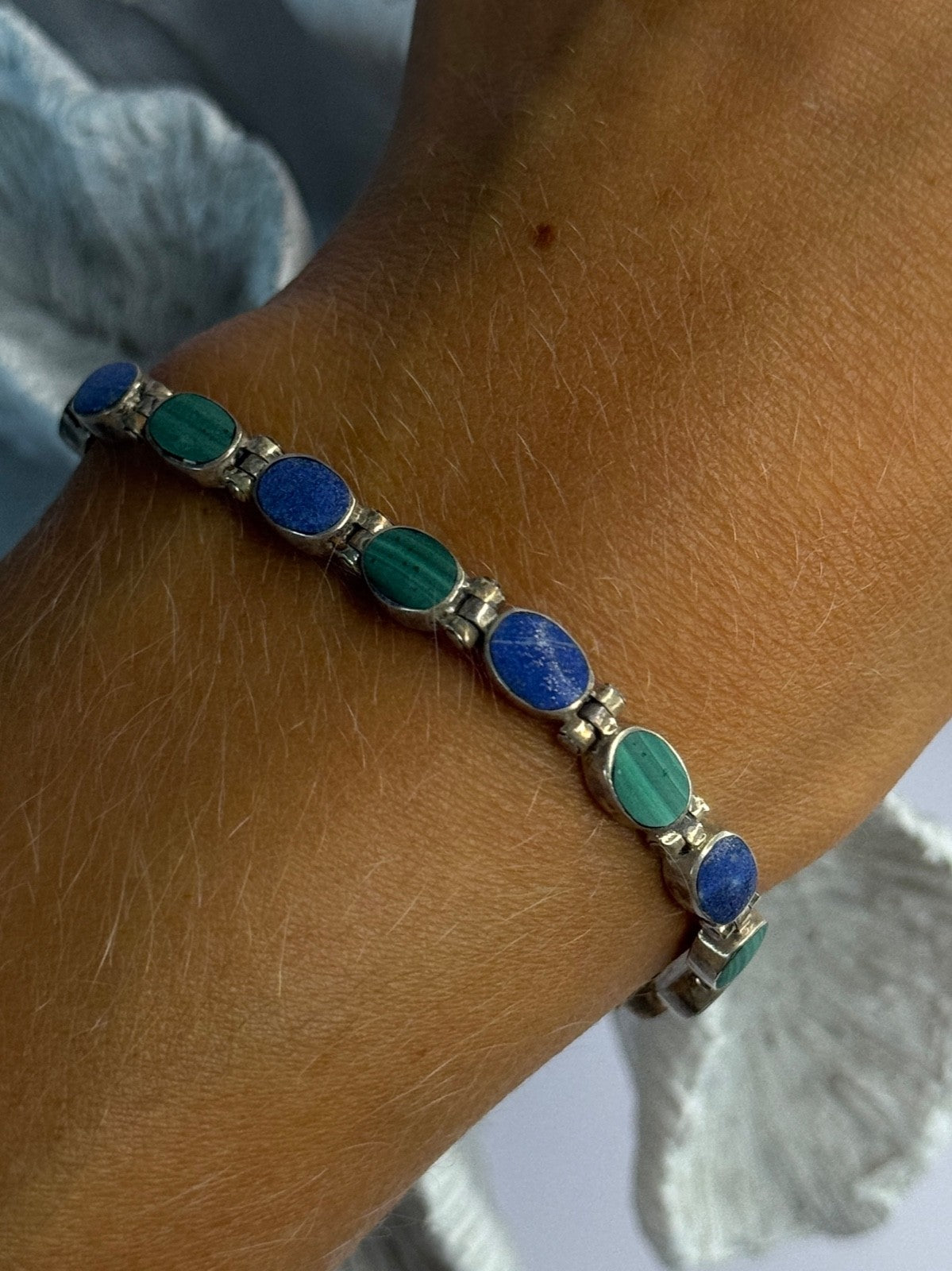 925 Sterling Silver Malachite & Sodalite Bracelet Length 7