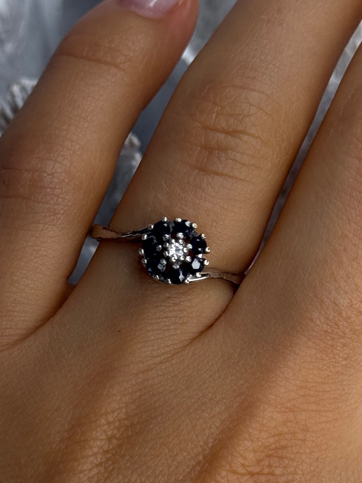 925 Sterling Silver Blue & White Sapphire Flower Ring Sizable