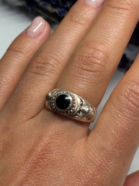 Vintage 925 Sterling Silver Black Enamel Face Ring Size 8