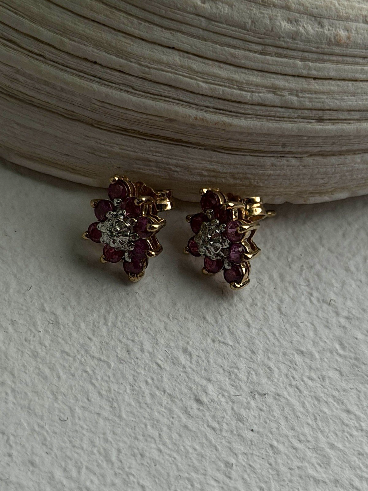 10K Yellow Gold Ruby & Diamond Flower Earrings