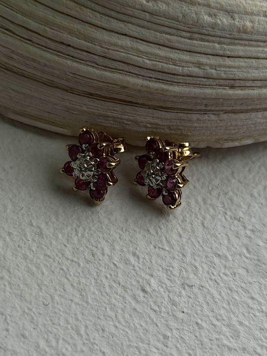 10K Yellow Gold Ruby & Diamond Flower Earrings