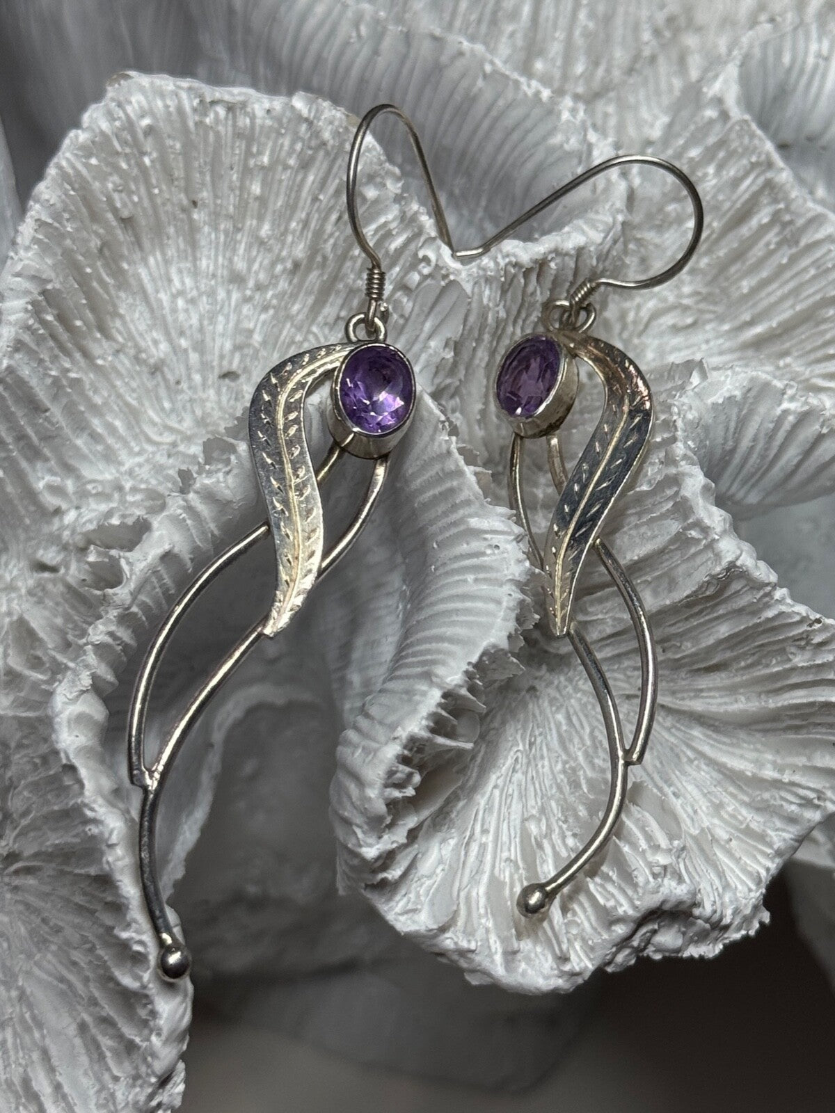925 Sterling Silver Amethyst Earrings Length 2.6 Inch