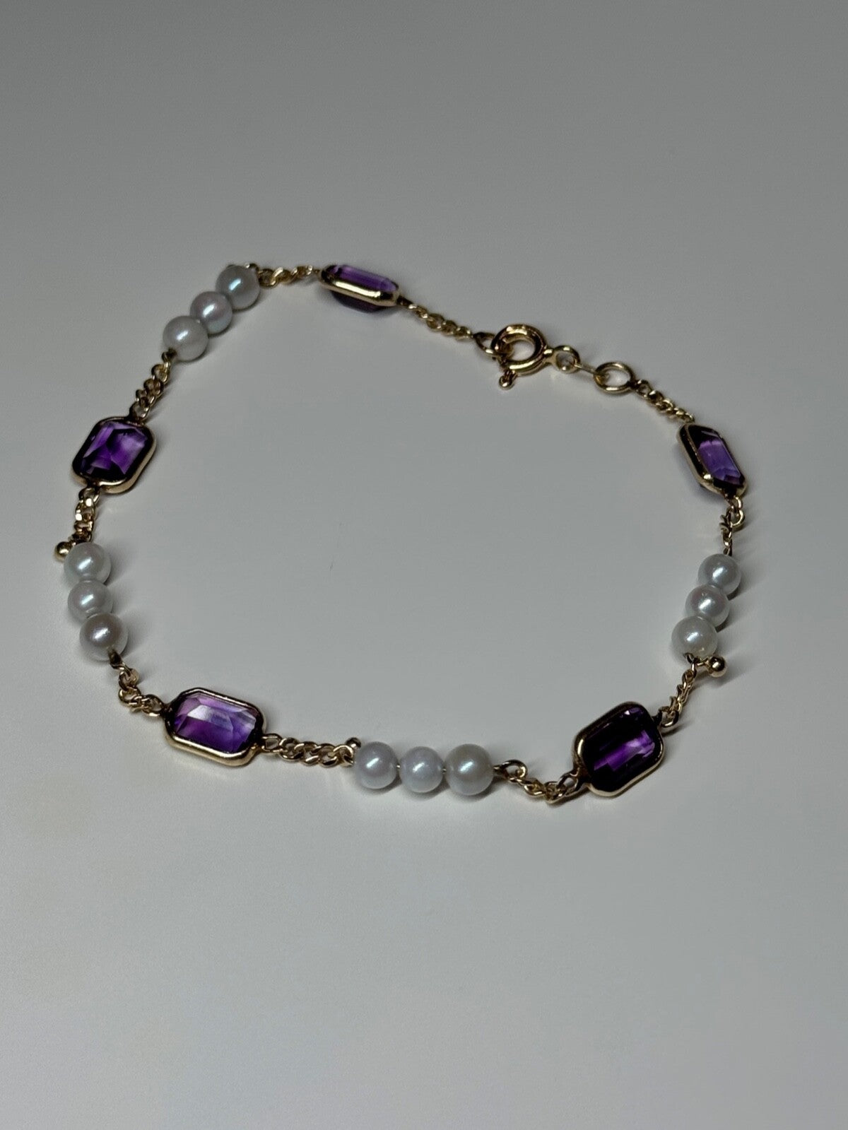 14K Yellow Gold Amethyst & Pearls Bracelet Length 7