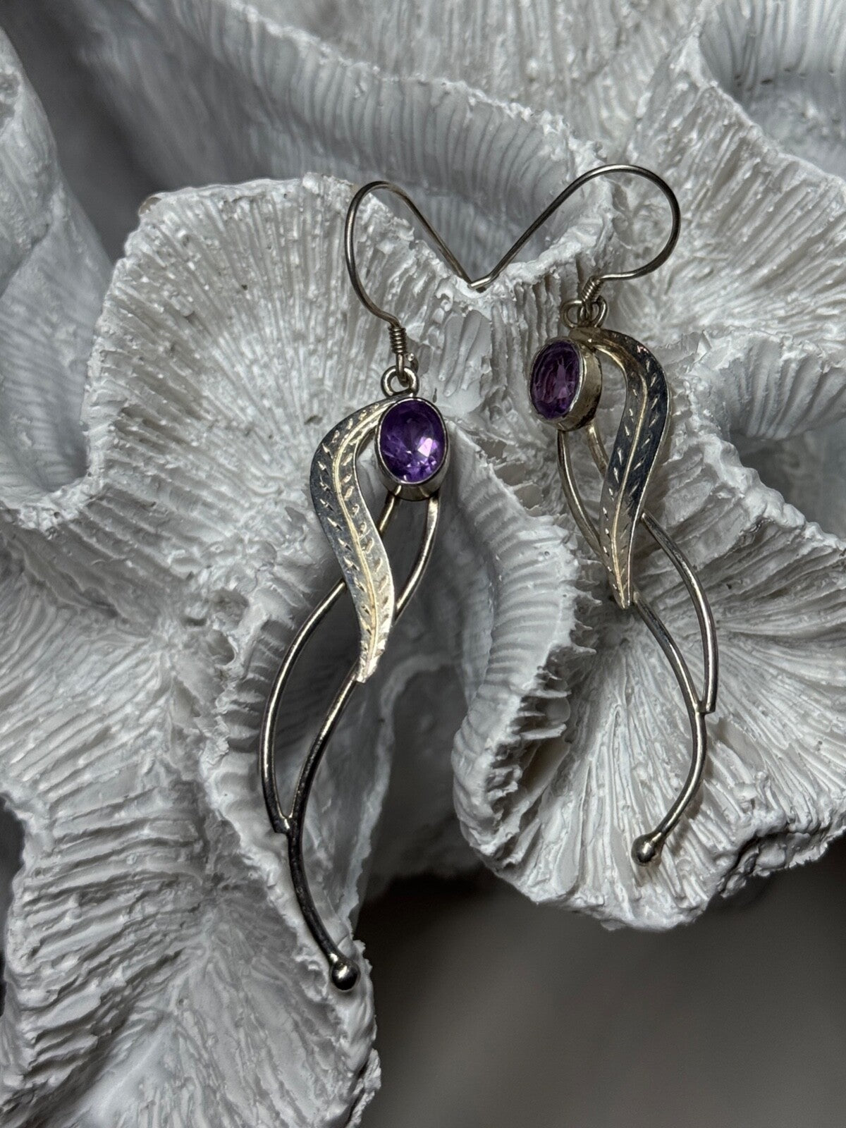 925 Sterling Silver Amethyst Earrings Length 2.6 Inch