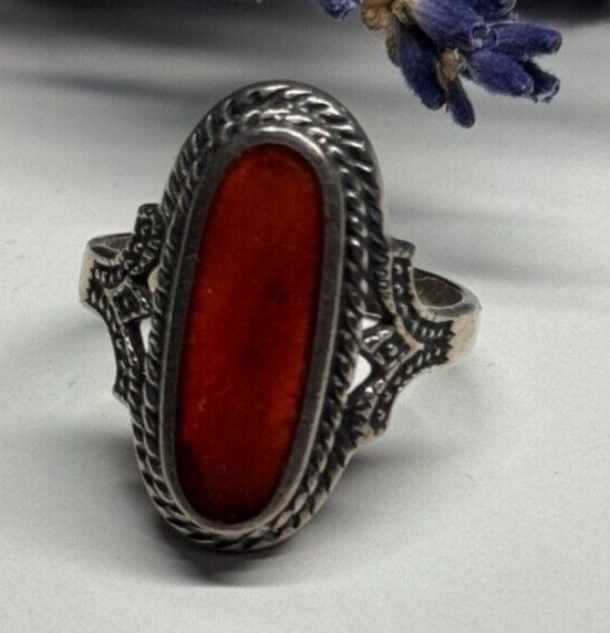 925 Sterling Silver Amber Ring Size 8