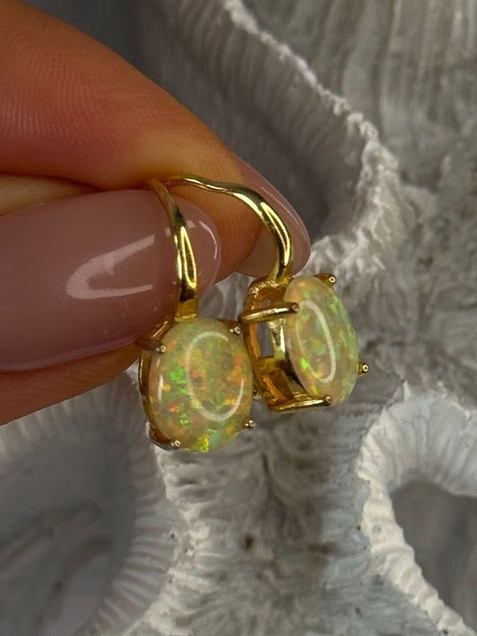 925 Sterling Silver Gold Plated Opal Earrings Length 0.70 Inch