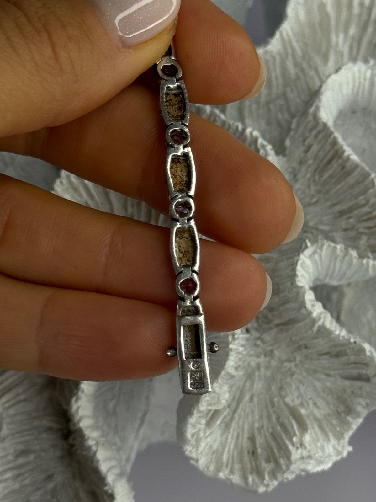 925 Sterling Silver Amethyst & Marcasite Bracelet Length 7.5