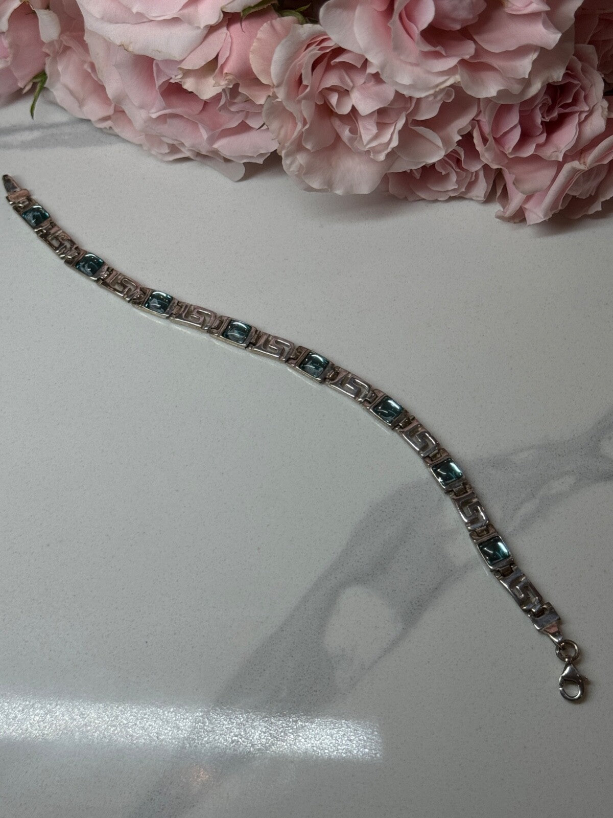 925 Sterling Silver Bracelet Aquamarine Length 7.5 in