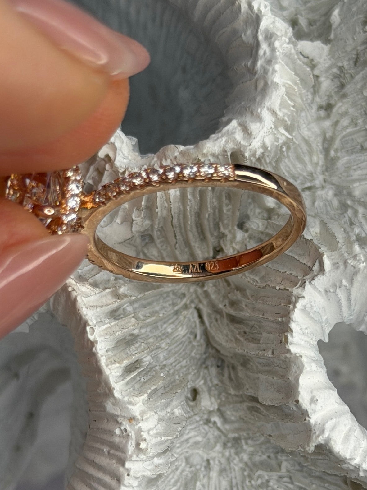 AZL 925 Sterling Silver Rose Gold Plated Lab-Created Diamond Ring Size 7