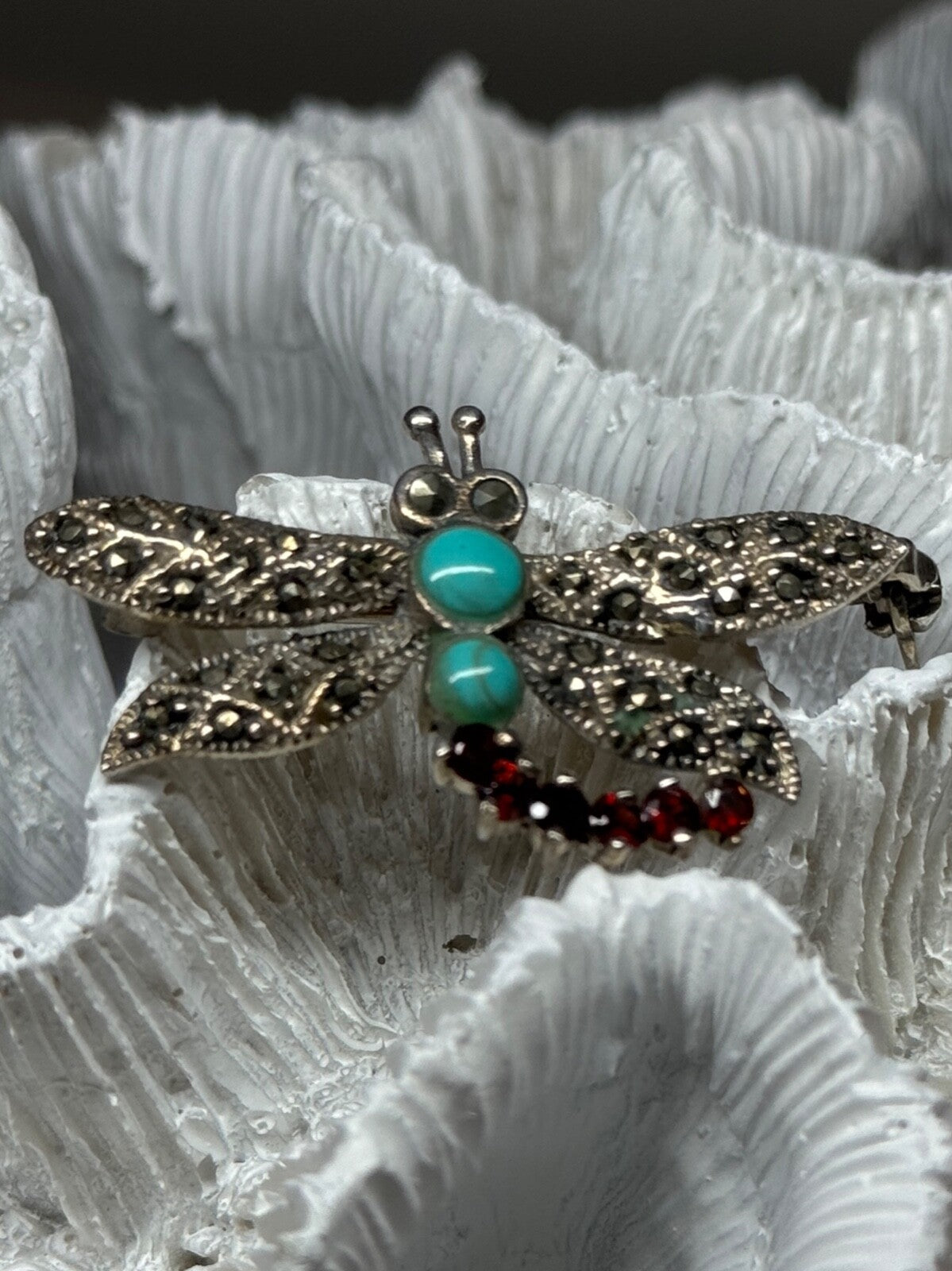 925 Sterling Silver Dragonfly Brooch Turquoise & Garnet Length 1.7 in