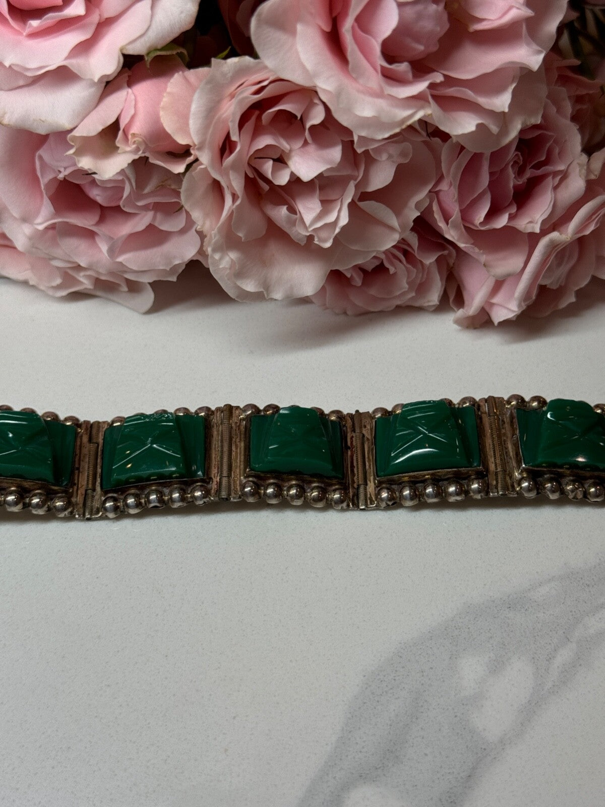 Vintage 925 Sterling Silver Green Jade Bracelet Length 7 in