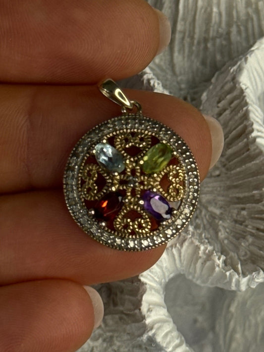 925 Sterling Silver Gold Plated Topaz Peridot Garnet Amethyst Pendant