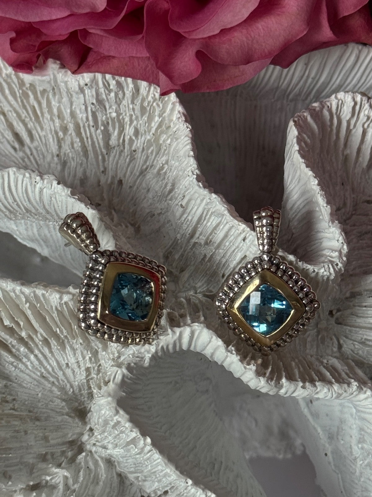 14K Yellow Gold & 925 Sterling Silver Blue Topaz Earrings