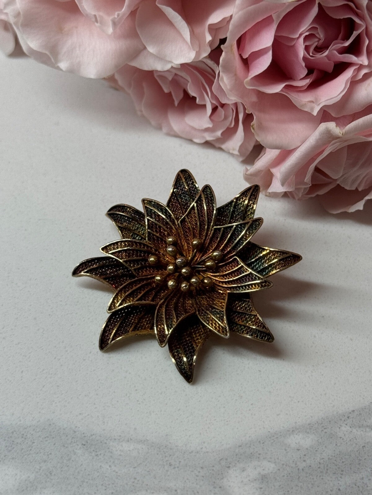 925 Sterling Silver Gold Plated Brooch Flower Length 1.6 In