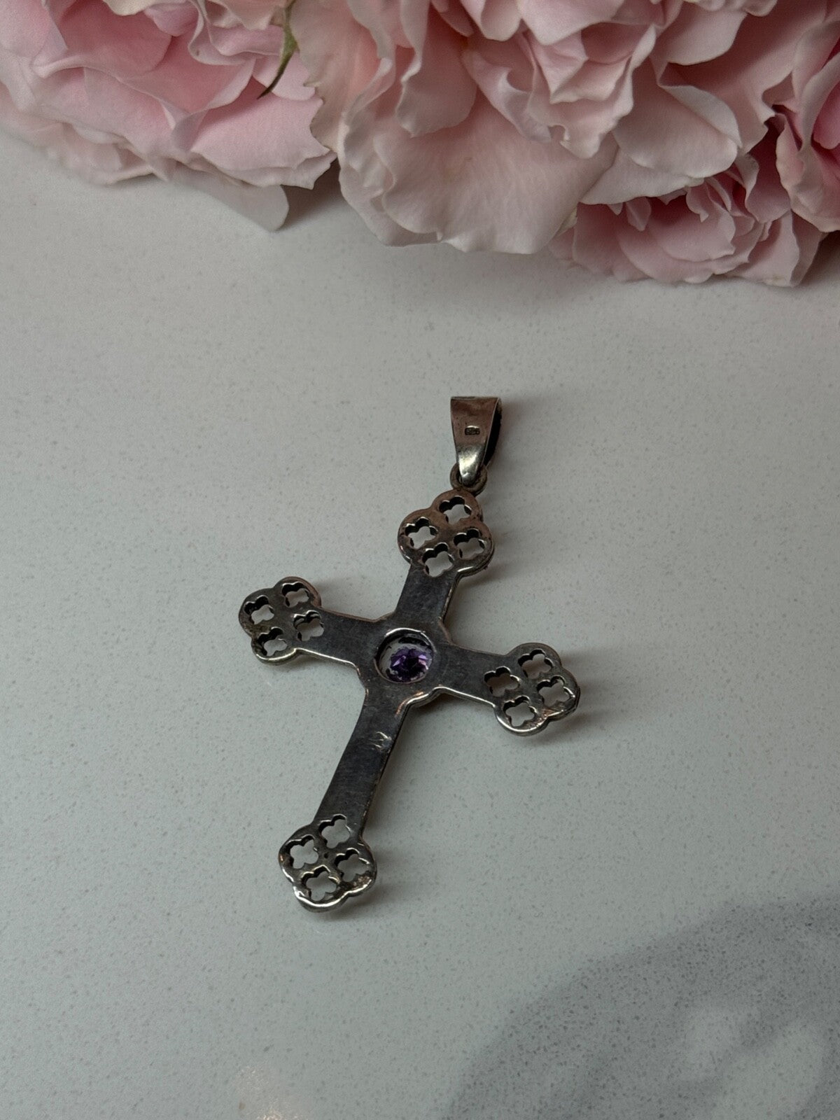 925 Sterling Silver Amethyst Cross Length 2.2 In